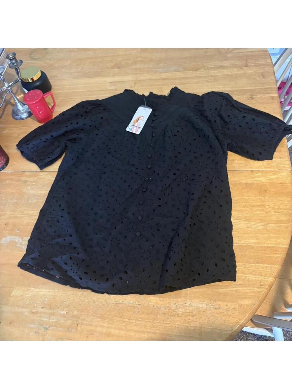 PrettyGarden Black Eyelet Button-Up Blouse Size L